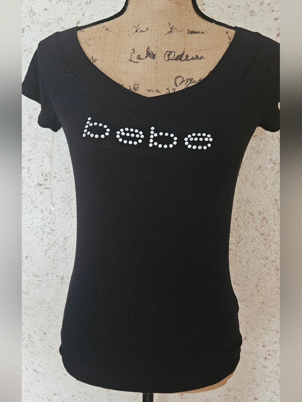 Brand New With Tag bebe Black Rhinestone Logo Fitted Scoop Neck Tee